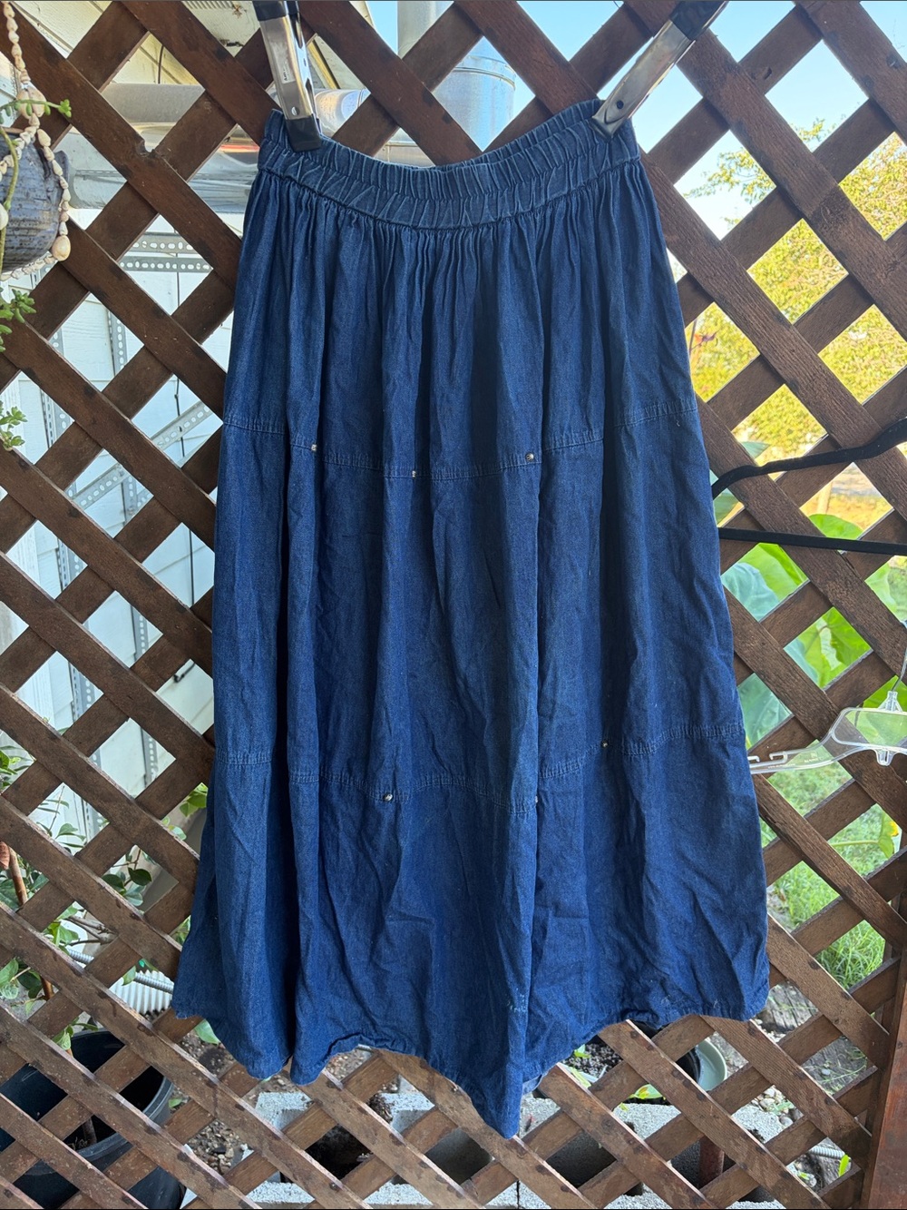 Vintage Women's Navy Blue Elastic Waist Maxi Skirt 100% cotton stud accents